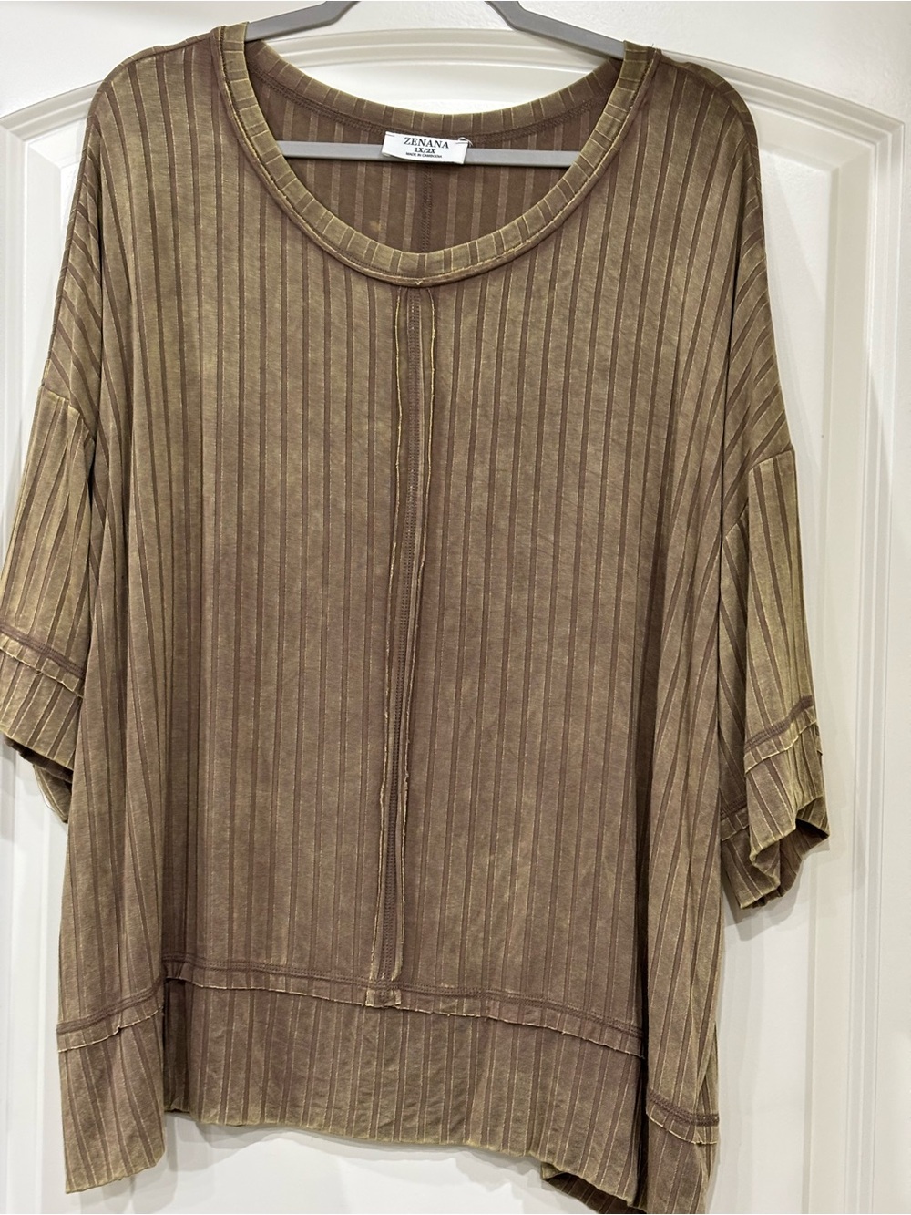 Zenana Outfitters Olive-Tan Ribbed Drop-Sleeve Tunic